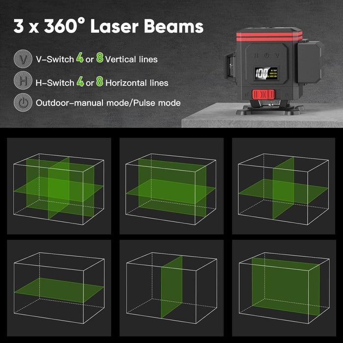 seesii LL008 12 lines Laser Level Self Leveling 3x360° 3D 150FT Green - laser level-SeeSii