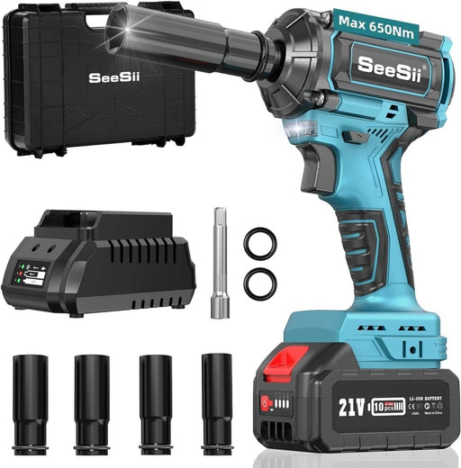Seesii WH500 1/2'' Cordless Impact Wrench, 650N.m, 4.0Ah Battery, Brushless Motor, 479Ft-lbs 2800RPM, Fast Charger&4 Sockets - impact wrench-SeeSii