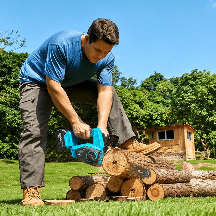 Man cutting firewood with a cordless chainsaw