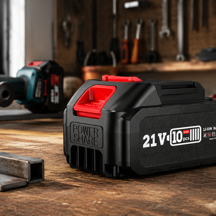 Cordless power tool battery on a workshop bench