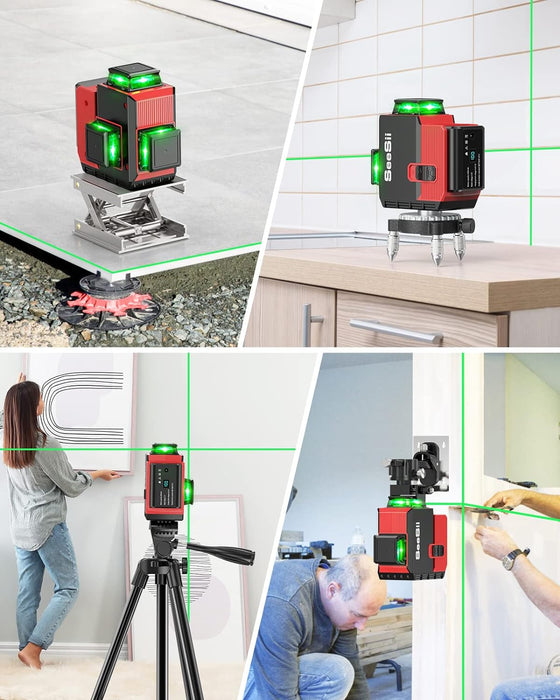 Seesii Nivel láser 3D Autonivelante Nivel láser verde de 3x360° con pantalla de batería Modo de pulso Montaje en pared y control remoto para bricolaje o lugar de trabajo profesional 