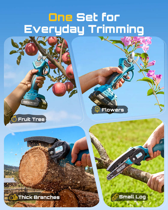 SEESII 2-in-1 Mini Chainsaw & Pruning Shears, 20V Brushless Motor Combo 6 Inch Cordless Chain Saw, 1.4" Electric Pruner, Dual 2.0Ah Batteries, One-hand Control for Tree Branch Cutter & Gardening