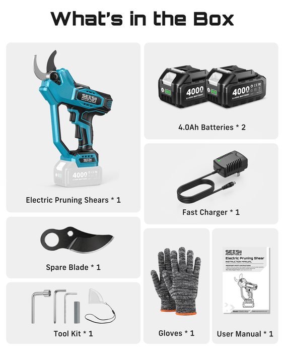 SEESII Electric Pruning Shears Upgraded, 1.6" Cordless Pruner Brushless 2 x 4000mAh Batteries, Up to 4000 Cuts, LCD Display, Safety Switch, SK5 Blade, Branch Cutter for Tree Garden Trimming