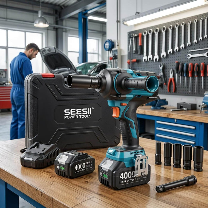 1/2" Cordless Impact Wrench 885Ft - lbs(1200Nm) | 21V, 2×4.0Ah Batteries & Detachable Side Handle for Auto Repair SeeSii - SeeSii