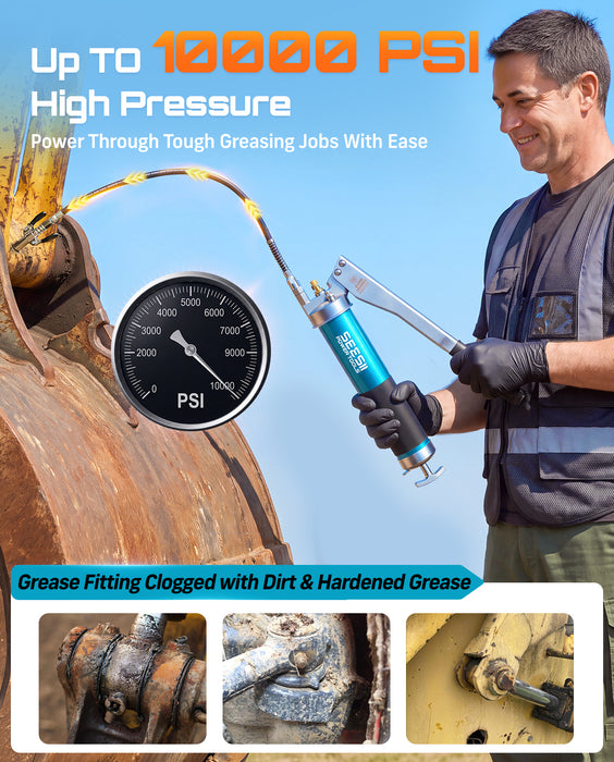Seesii 10000PSI Grease Gun, Gear-Assisted Lever, Upgraded Air Bleeder