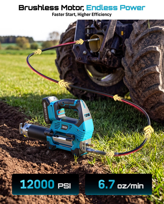 Seesii 12000PSI Electric Grease Gun, 3 Speed Control, 2 Batteries