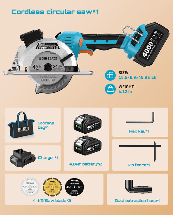 SEESII 4-1/2" Cordless Circular Saw with 2*4.0Ah Batteries & Fast Charger