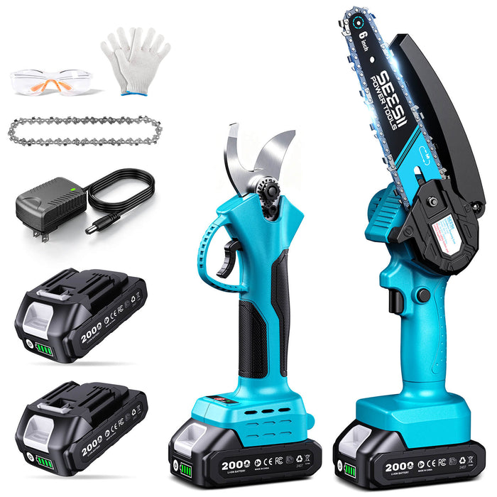 SEESII 2-in-1 Mini Chainsaw & Pruning Shears, 20V Brushless Motor Combo 6 Inch Cordless Chain Saw, 1.4" Electric Pruner, Dual 2.0Ah Batteries, One-hand Control for Tree Branch Cutter & Gardening