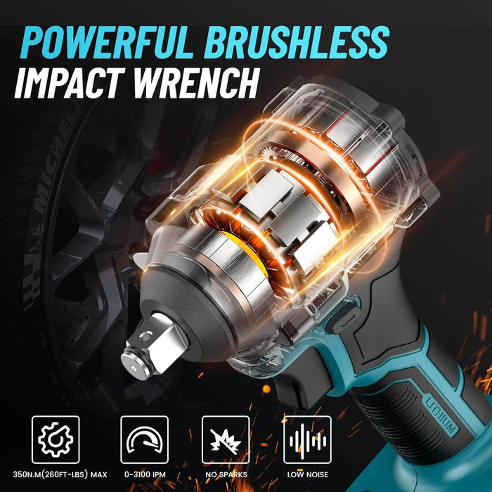 Seesii WH350 1/2‘’ 350Nm Cordless Impact Wrench , 260Ft-lbs,Brushless 2x4.0 Batteries, Fast Charger,4 Sockets,4 Drill & Driver Bits