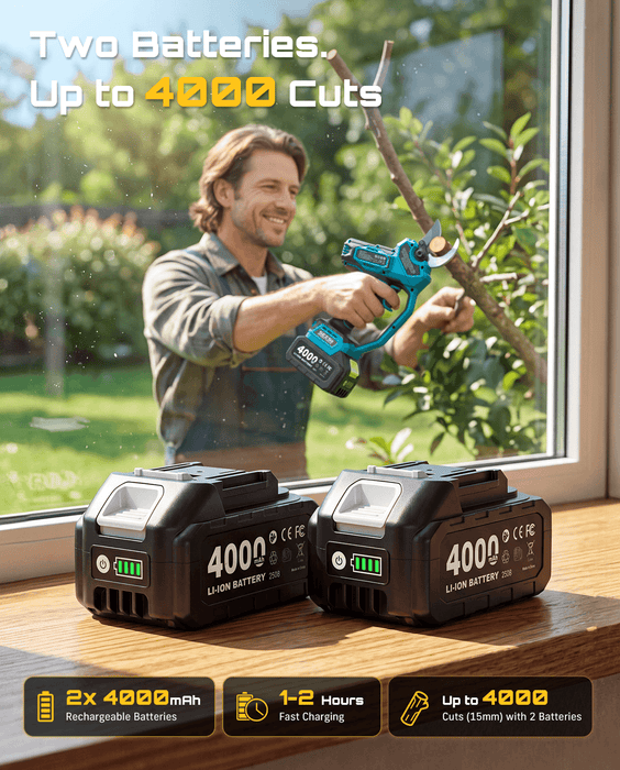 SEESII Electric Pruning Shears Upgraded, 1.6" Cordless Pruner Brushless 2 x 4000mAh Batteries, Up to 4000 Cuts, LCD Display, Safety Switch, SK5 Blade, Branch Cutter for Tree Garden Trimming