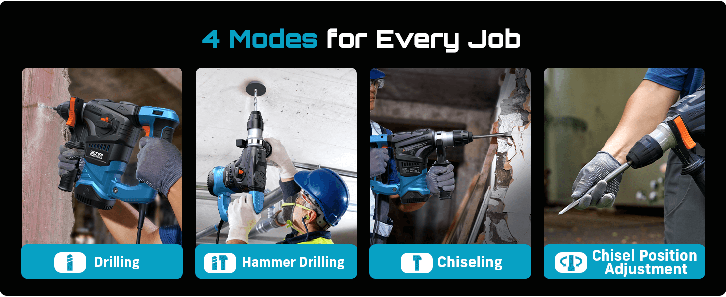 Four operating modes—Drill, Hammer Drill, Chisel, Chisel Alignment—SDS-Plus chuck