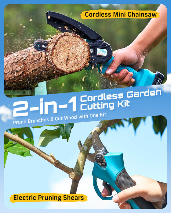 SEESII 2-in-1 Mini Chainsaw & Pruning Shears, 20V Brushless Motor Combo 6 Inch Cordless Chain Saw, 1.4" Electric Pruner, Dual 2.0Ah Batteries, One-hand Control for Tree Branch Cutter & Gardening
