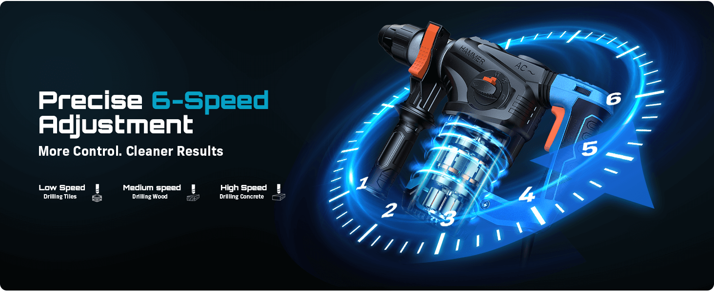 Six-speed dial on rotary hammer for precise control in concrete and masonry.