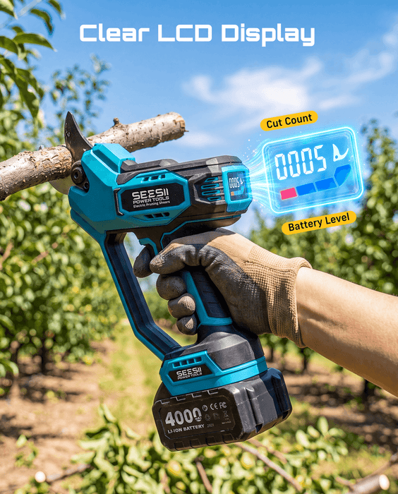 SEESII Electric Pruning Shears Upgraded, 1.6" Cordless Pruner Brushless 2 x 4000mAh Batteries, Up to 4000 Cuts, LCD Display, Safety Switch, SK5 Blade, Branch Cutter for Tree Garden Trimming