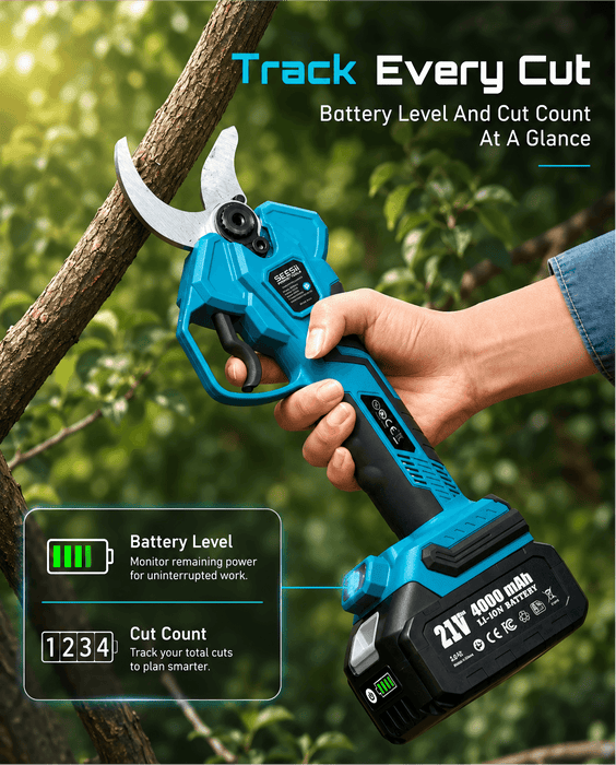 SEESII Electric Pruning Shears, 1.6" Cut Cordless Pruner, 2x4.0Ah Batteries Brushless Motor, SK5 Blade, LCD Display, 4 Modes, 2500+ Cuts, Auto Sleep, Lightweight Branch Cutter for Garden Tree Trimming
