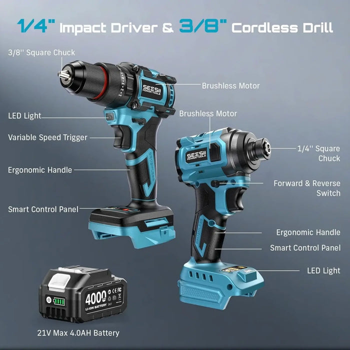 Seesii Electric 3/8'' Drill & 1/4'' Cordless Impact Driver Brushless 2 Tool Combo Kit