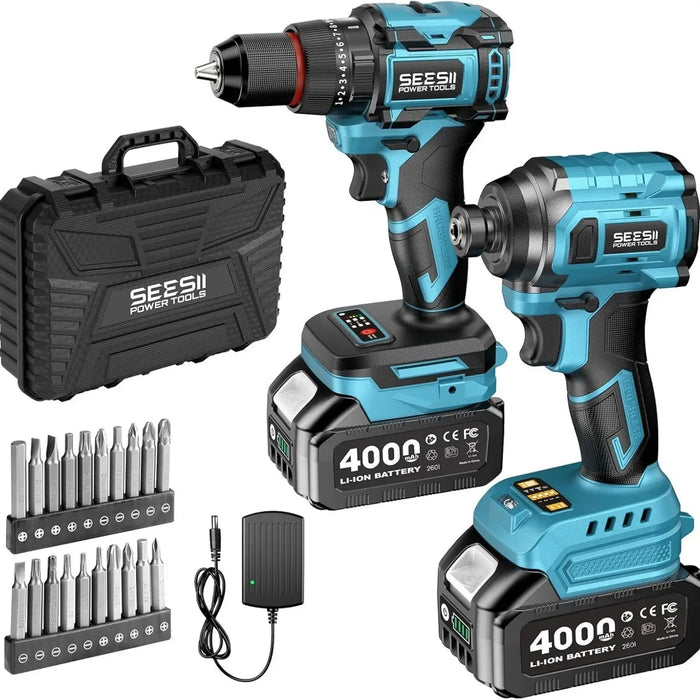 Seesii Electric 3/8'' Drill & 1/4'' Cordless Impact Driver Brushless 2 Tool Combo Kit
