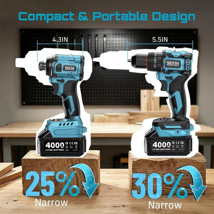Seesii Electric 3/8'' Drill & 1/4'' Cordless Impact Driver Brushless 2 Tool Combo Kit