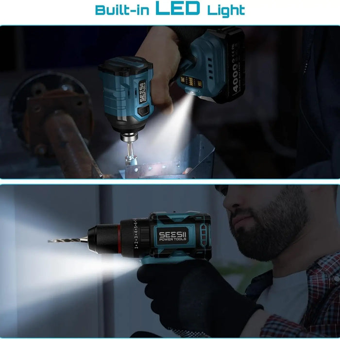 Seesii Electric 3/8'' Drill & 1/4'' Cordless Impact Driver Brushless 2 Tool Combo Kit