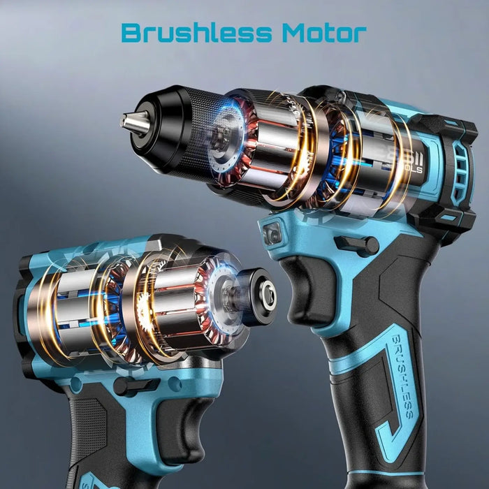 Seesii Electric 3/8'' Drill & 1/4'' Cordless Impact Driver Brushless 2 Tool Combo Kit