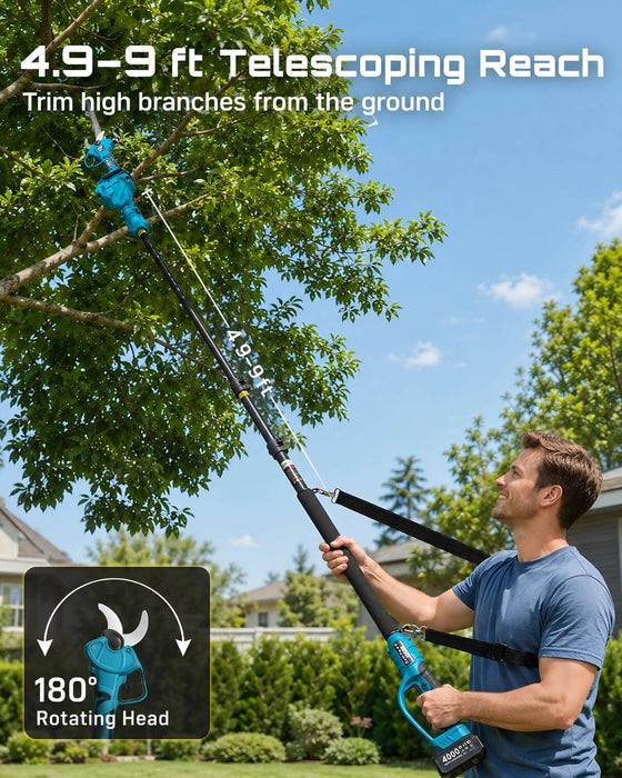 SEESII 2-in-1 Pole Pruning Shears 1.6'' Cut, 20V Cordless, 4.9-9 ft Reach Brushless Motor, SK5 Blade, LCD Display, 4 Modes, 180° Head, 2x4.0Ah Batteries, 2500+ Cuts, Auto Sleep, Shoulder Strap