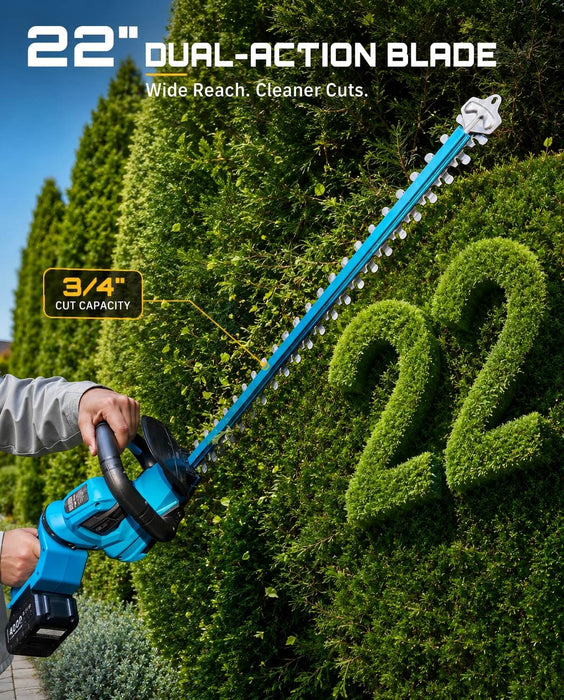 SEESII 22" Hedge Trimmer Cordless, 20V Electric Bush Trimmer, 2 Batteries 3000 SPM, 3/4" Cutting Capacity, Dual-Action Blade, Dual 4.0Ah Batteries, 180° Handle, Debris Collector, 6 lbs Lightweigh