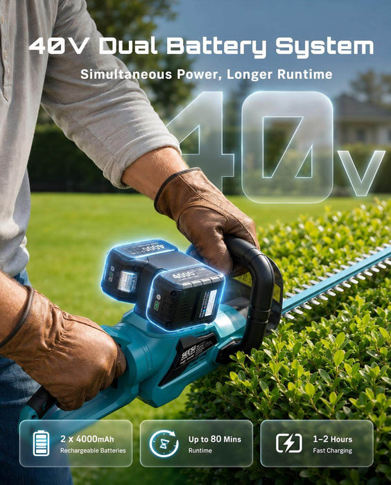 SEESII 24" Hedge Trimmer Cordless, 40V Electric Bush Trimmer, 2 Batteries, Brushless Motor, 3100 SPM, 1" Cutting, Dual-Action Blade, Dual 4.0Ah Batteries, 180° Handle, Lightweight for Trimming