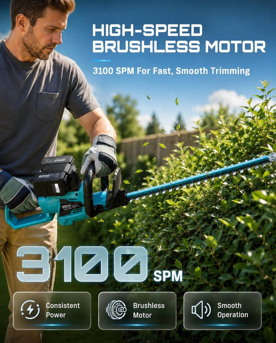 SEESII 24" Hedge Trimmer Cordless, 40V Electric Bush Trimmer, 2 Batteries, Brushless Motor, 3100 SPM, 1" Cutting, Dual-Action Blade, Dual 4.0Ah Batteries, 180° Handle, Lightweight for Trimming