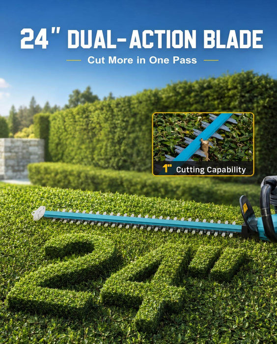SEESII 24" Hedge Trimmer Cordless, 40V Electric Bush Trimmer, 2 Batteries, Brushless Motor, 3100 SPM, 1" Cutting, Dual-Action Blade, Dual 4.0Ah Batteries, 180° Handle, Lightweight for Trimming