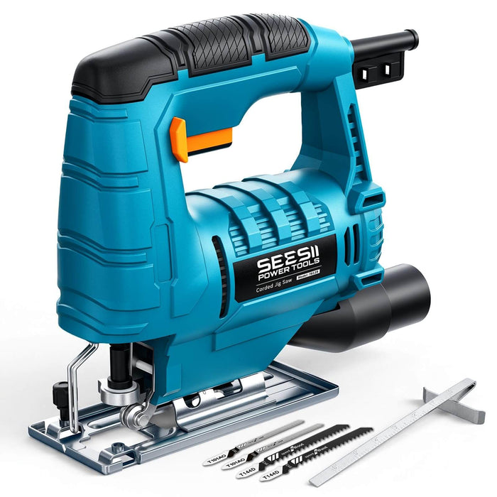 SEESII Corded Jigsaw, 500W Electric Jig Saw Power Saw with 4 Blades
0-3000 SPM, Bevel Adjustment, Tool-less Blade Change, Parallel Guide, for Cutting Wood Metal PVC Woodworking