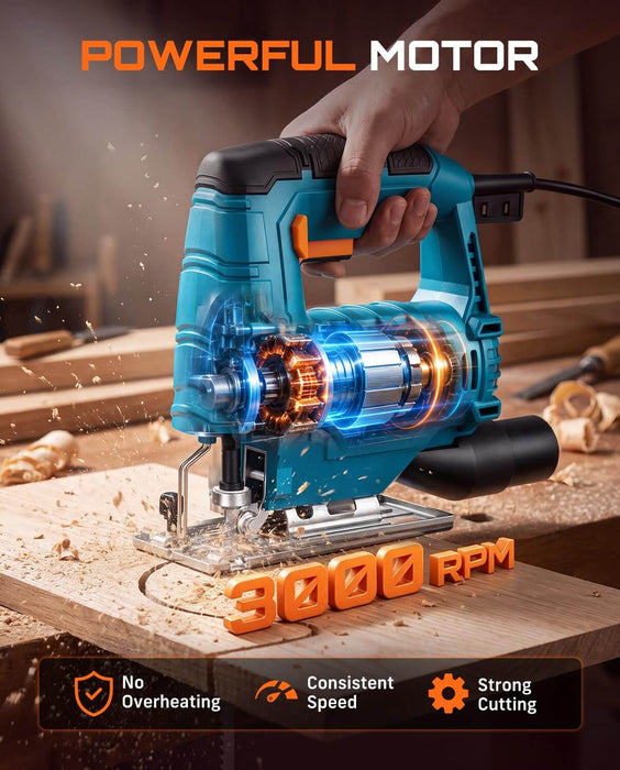 SEESII Corded Jigsaw, 500W Electric Jig Saw Power Saw with 4 Blades
0-3000 SPM, Bevel Adjustment, Tool-less Blade Change, Parallel Guide, for Cutting Wood Metal PVC Woodworking