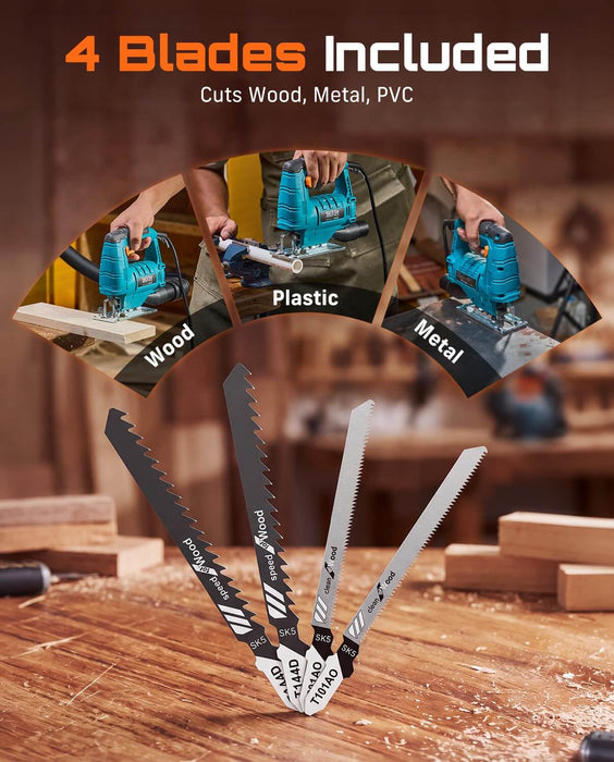 SEESII Corded Jigsaw, 500W Electric Jig Saw Power Saw with 4 Blades
0-3000 SPM, Bevel Adjustment, Tool-less Blade Change, Parallel Guide, for Cutting Wood Metal PVC Woodworking