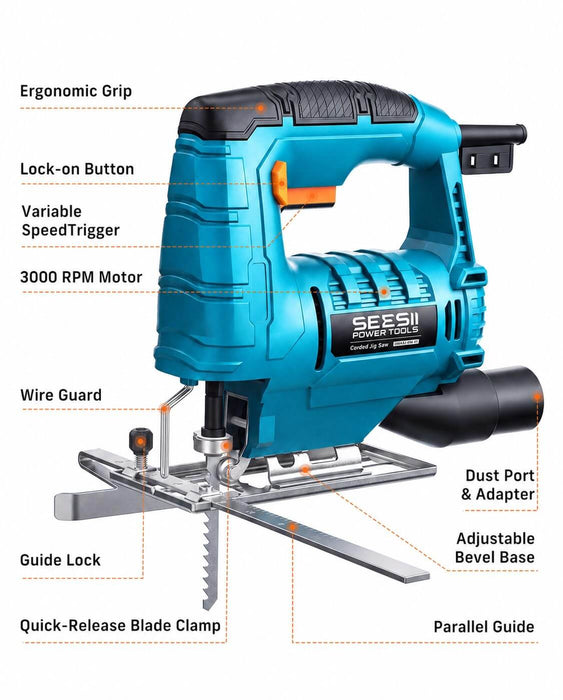 SEESII Corded Jigsaw, 500W Electric Jig Saw Power Saw with 4 Blades
0-3000 SPM, Bevel Adjustment, Tool-less Blade Change, Parallel Guide, for Cutting Wood Metal PVC Woodworking