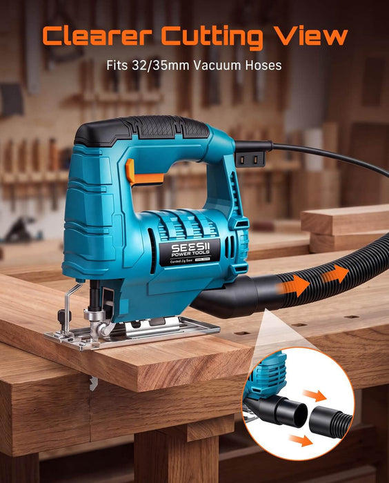 SEESII Corded Jigsaw, 500W Electric Jig Saw Power Saw with 4 Blades
0-3000 SPM, Bevel Adjustment, Tool-less Blade Change, Parallel Guide, for Cutting Wood Metal PVC Woodworking
