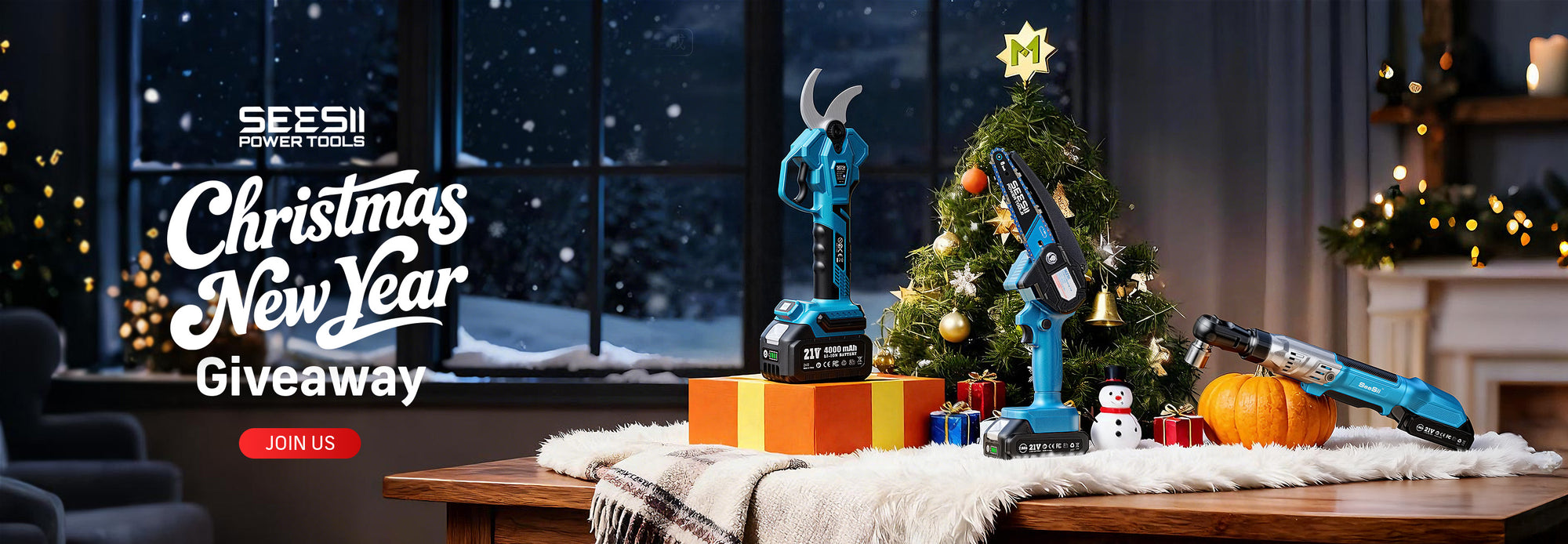 SEESII Christmas giveaway with cordless mini chainsaw, pruning shears and ratchet wrench under the tree