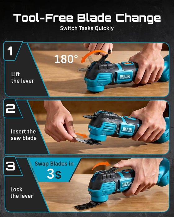 SEESII Cordless Oscillating Multi-Tool, 22000 OPM Brushless Motor Cutting
Sanding & Scraping, 4.5° Oscillation Angle, 4000mAh Battery, Quick Release, LED Light, 6-Speed Control & Universal Fit