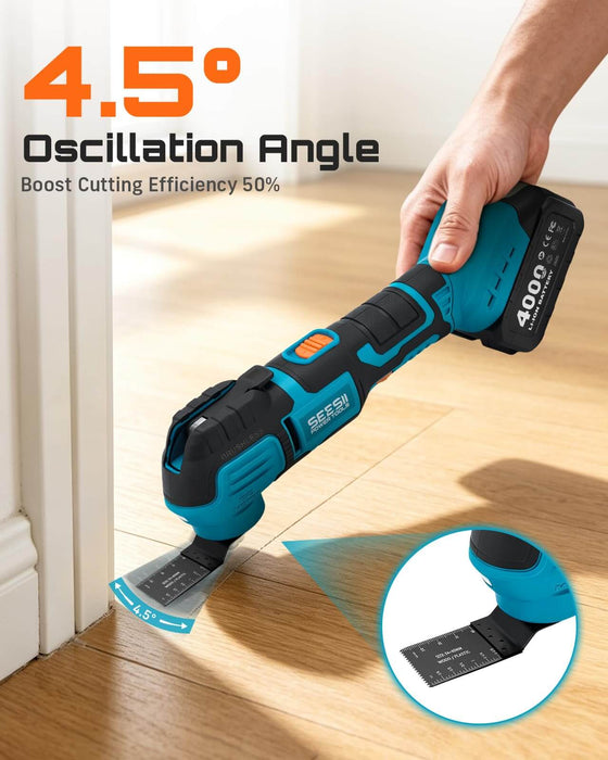 SEESII Cordless Oscillating Multi-Tool, 22000 OPM Brushless Motor Cutting
Sanding & Scraping, 4.5° Oscillation Angle, 4000mAh Battery, Quick Release, LED Light, 6-Speed Control & Universal Fit