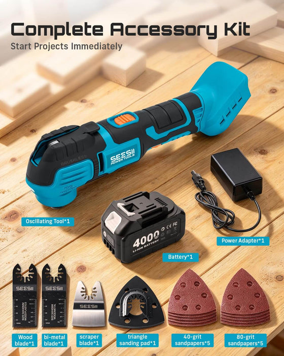 SEESII Cordless Oscillating Multi-Tool, 22000 OPM Brushless Motor Cutting
Sanding & Scraping, 4.5° Oscillation Angle, 4000mAh Battery, Quick Release, LED Light, 6-Speed Control & Universal Fit