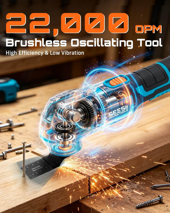 SEESII Cordless Oscillating Multi-Tool, 22000 OPM Brushless Motor Cutting
Sanding & Scraping, 4.5° Oscillation Angle, 4000mAh Battery, Quick Release, LED Light, 6-Speed Control & Universal Fit