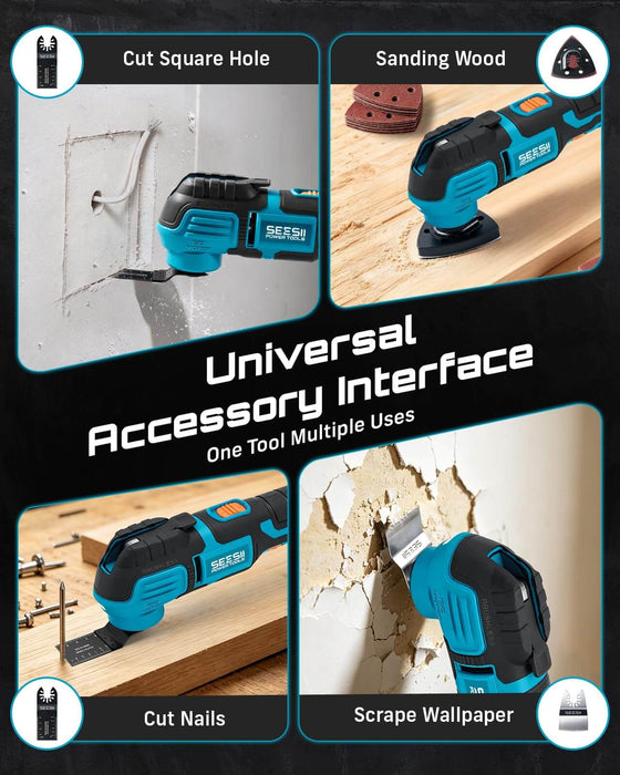 SEESII Cordless Oscillating Multi-Tool, 22000 OPM Brushless Motor Cutting
Sanding & Scraping, 4.5° Oscillation Angle, 4000mAh Battery, Quick Release, LED Light, 6-Speed Control & Universal Fit
