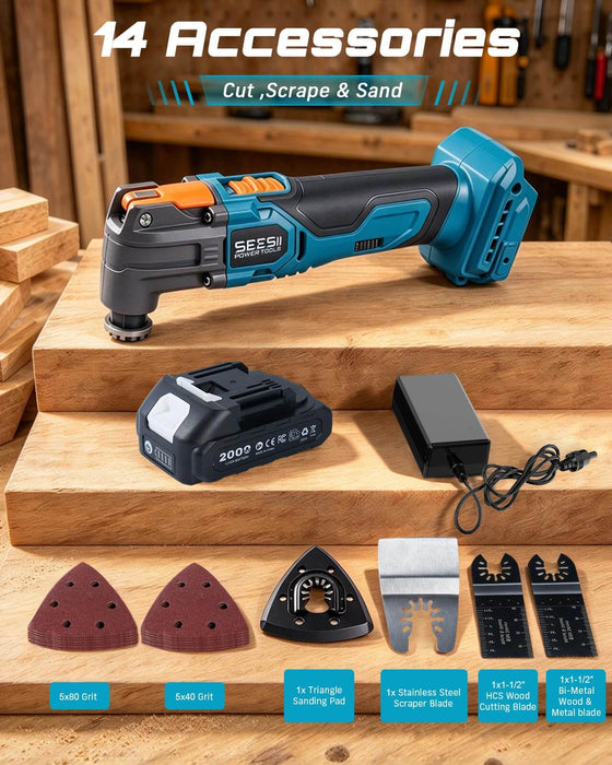 SEESII Cordless Oscillating Multi-Tool Kit, 6-Speed with 2.0Ah Battery
Home DIY and renovation projects; tool-free quick release, 3.2° oscillation angle 21V Max power 19000OPM