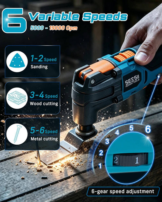 SEESII Cordless Oscillating Multi-Tool Kit, 6-Speed with 2.0Ah Battery
Home DIY and renovation projects; tool-free quick release, 3.2° oscillation angle 21V Max power 19000OPM