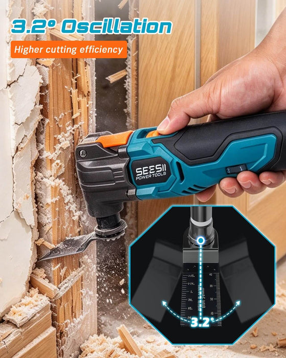 SEESII Cordless Oscillating Multi-Tool Kit, 6-Speed with 2.0Ah Battery
Home DIY and renovation projects; tool-free quick release, 3.2° oscillation angle 21V Max power 19000OPM
