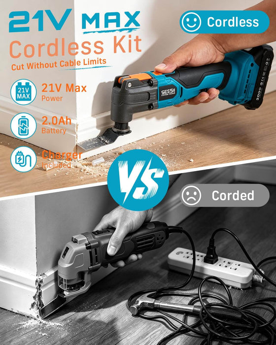 SEESII Cordless Oscillating Multi-Tool Kit, 6-Speed with 2.0Ah Battery
Home DIY and renovation projects; tool-free quick release, 3.2° oscillation angle 21V Max power 19000OPM