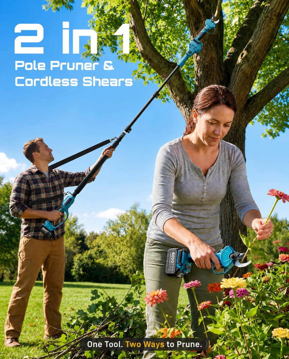 SEESII 2-in-1 Pole Pruning Shears, 1.6" Cutting Diameter Cordless Electric Pole Pruners, Brushless Motor, Dual 4.0Ah Batteries, Extra SK5 Blade, 4 Modes Adjustable Branches Cutter for Tree & Flower