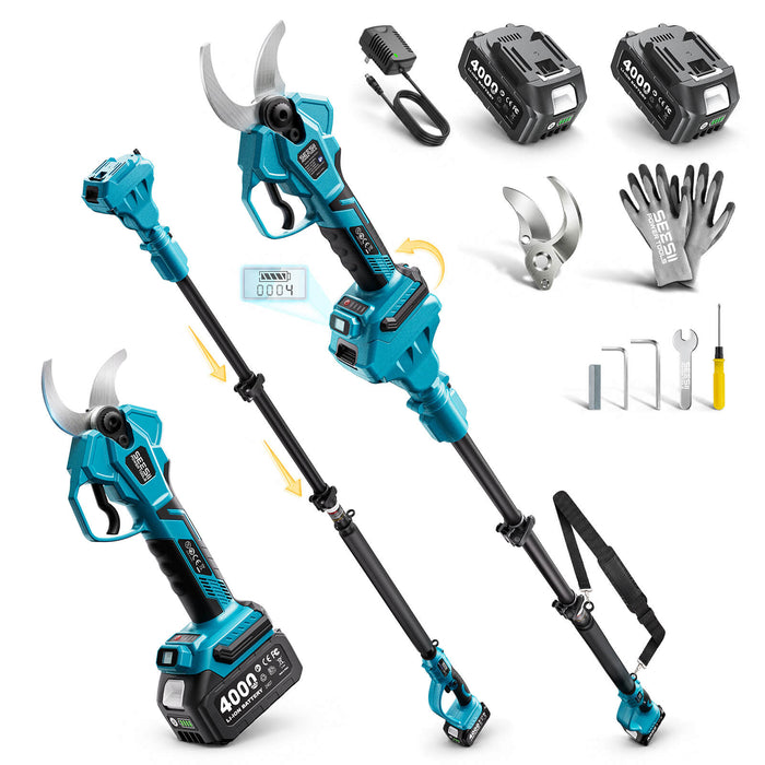 SEESII 2-in-1 Pole Pruning Shears, 1.6" Cutting Diameter Cordless Electric Pole Pruners, Brushless Motor, Dual 4.0Ah Batteries, Extra SK5 Blade, 4 Modes Adjustable Branches Cutter for Tree & Flower