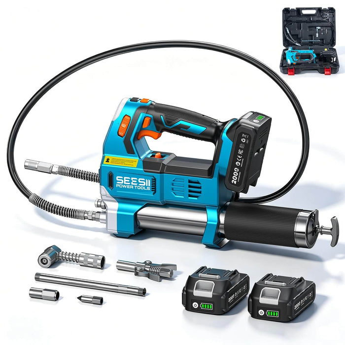 Seesii Electric Grease Gun 12000PSI, 10 oz/min Flow, 2 Batteries, 48" Hose
6-Speed Cordless Kit with Case, Cartridge & Bulk Loading, Blockage alert, Quick-Lock & 90° Couplers for Tractor, Truck & Farm
