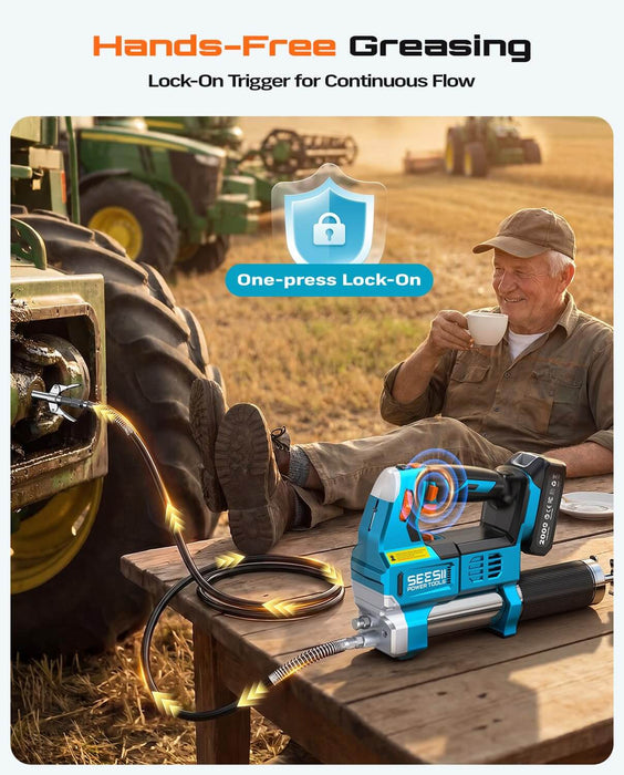 Seesii Electric Grease Gun 12000PSI, 10 oz/min Flow, 2 Batteries, 48" Hose
6-Speed Cordless Kit with Case, Cartridge & Bulk Loading, Blockage alert, Quick-Lock & 90° Couplers for Tractor, Truck & Farm