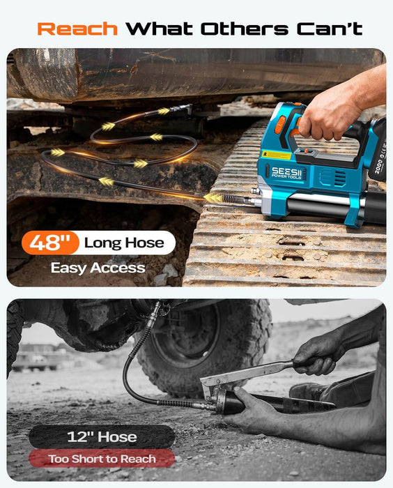 Seesii Electric Grease Gun 12000PSI, 10 oz/min Flow, 2 Batteries, 48" Hose
6-Speed Cordless Kit with Case, Cartridge & Bulk Loading, Blockage alert, Quick-Lock & 90° Couplers for Tractor, Truck & Farm