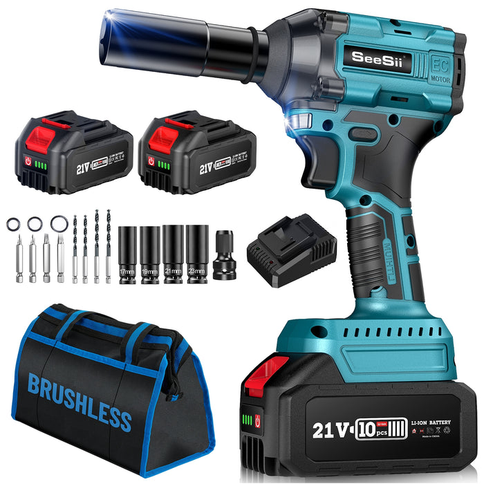 Seesii WH350 1/2‘’ 350Nm Cordless Impact Wrench , 260Ft-lbs,Brushless 2x4.0 Batteries, Fast Charger,4 Sockets,4 Drill & Driver Bits